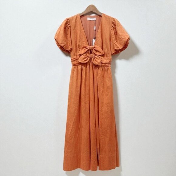 NWT ASTR Citrine Linen Bow Front Midi Dress Turmeric Orange One Size - Picture 2 of 9